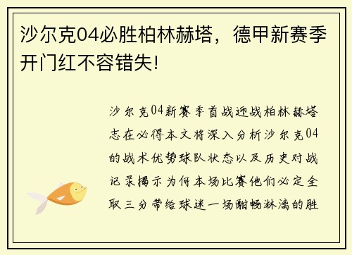 沙尔克04必胜柏林赫塔，德甲新赛季开门红不容错失!