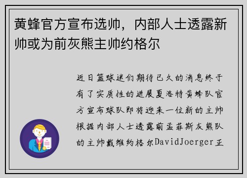 黄蜂官方宣布选帅，内部人士透露新帅或为前灰熊主帅约格尔