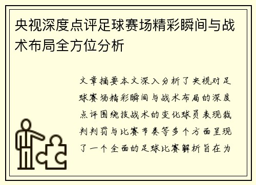 央视深度点评足球赛场精彩瞬间与战术布局全方位分析